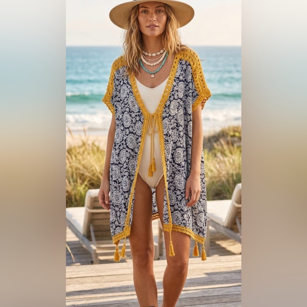 Ivy Jane Floral Crochet Rayon Womens Cover Up Sz Small Tassel Beach Tropical